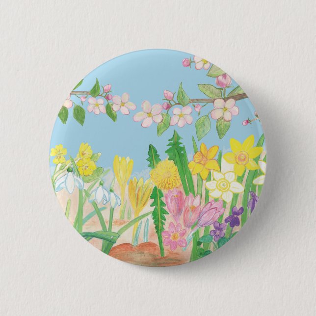 Snowdrops, primroses, apple blossoms, daffodils   6 cm round badge (Front)