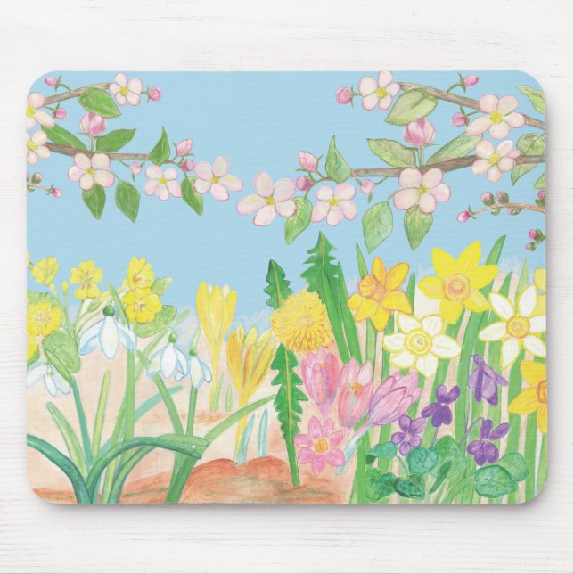 Snowdrops, primroses, apple blossoms, daffodils  mouse mat (Front)