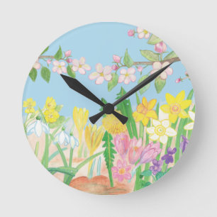 Snowdrops, primroses, apple blossoms, daffodils round clock
