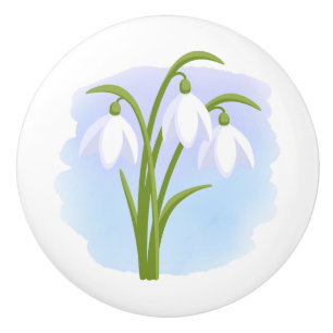 Snowdrops - Spring Flowers on Watercolor Blue Ceramic Knob