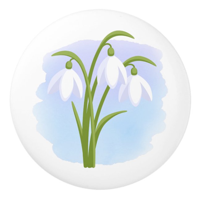 Snowdrops - Spring Flowers on Watercolor Blue Ceramic Knob (Front)