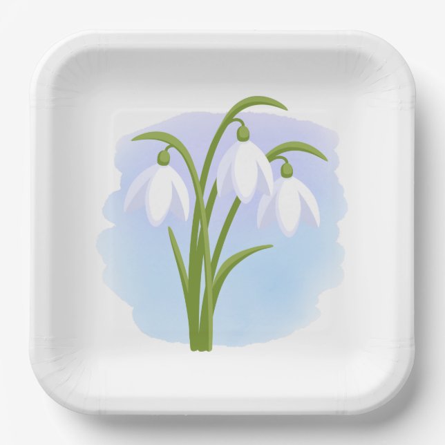 Snowdrops - Spring Flowers on Watercolor Blue Paper Plate (Front)