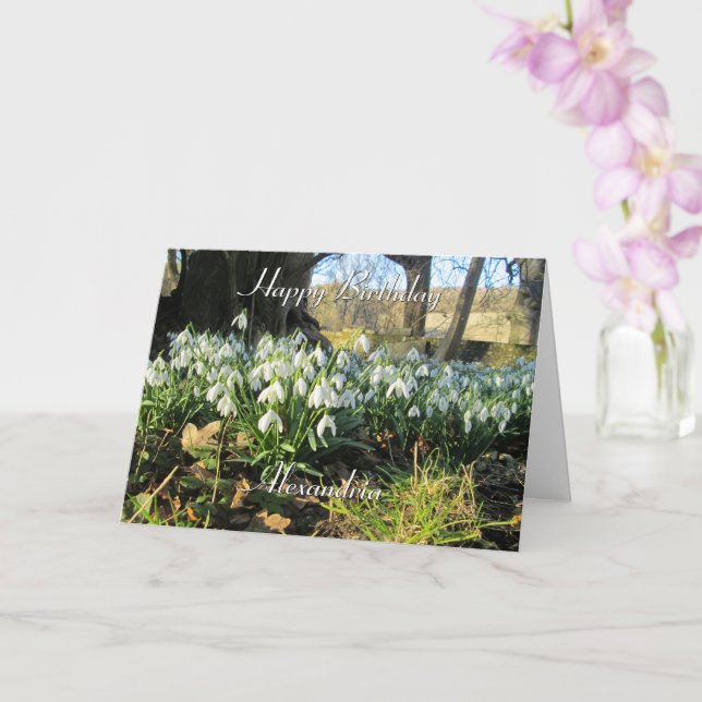 Snowdrops Under a Yew Tree - Personalised Birthday Card (Orchid)