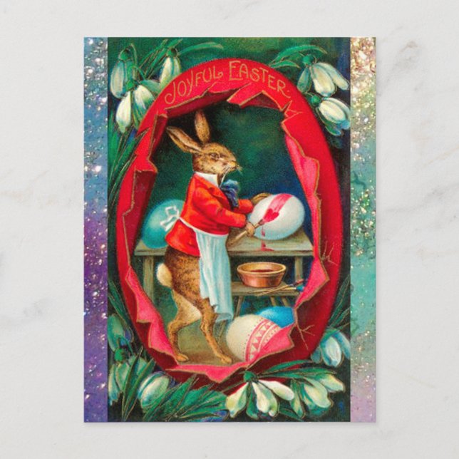 SNOWDROPS WITH RABBIT PAINTING EASTER EGGS HOLIDAY POSTCARD (Front)
