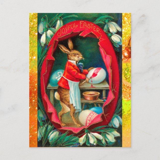 SNOWDROPS WITH RABBIT PAINTING EASTER EGGS HOLIDAY POSTCARD (Front)