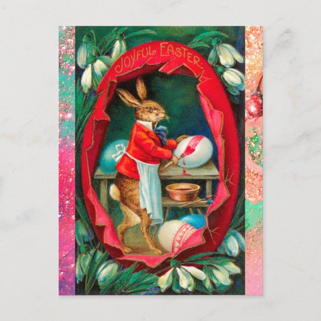 SNOWDROPS WITH RABBIT PAINTING EASTER EGGS HOLIDAY POSTCARD (Front)