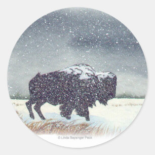 Snowdusted Bison Watercolor Painting Classic Round Sticker