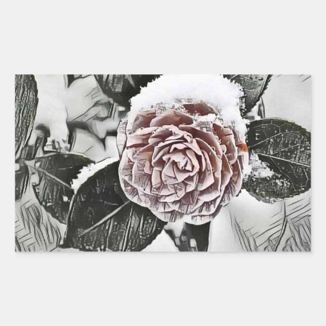 Snowed Frozen Rose Drawing Rectangle Stickers (Front)