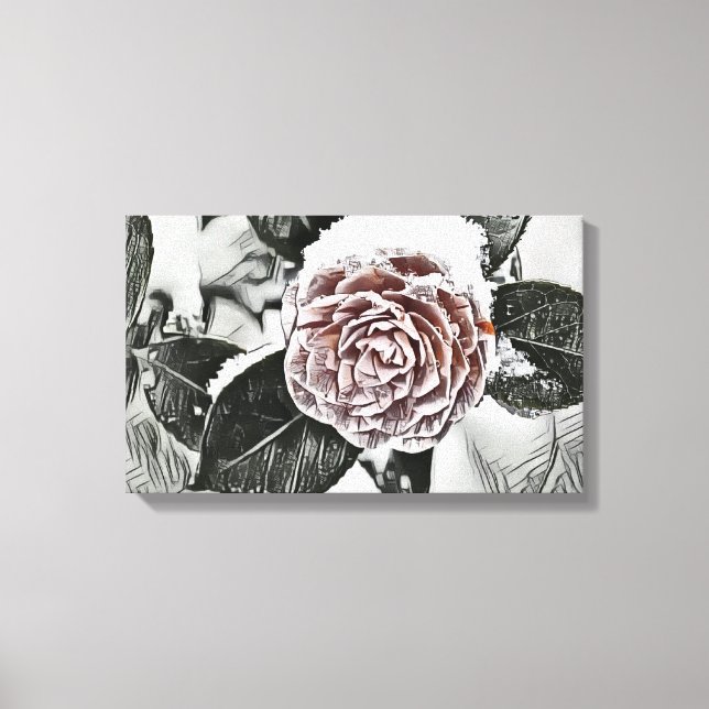 Snowed Frozen Rose Drawing Stretched Canvas Print (Front)