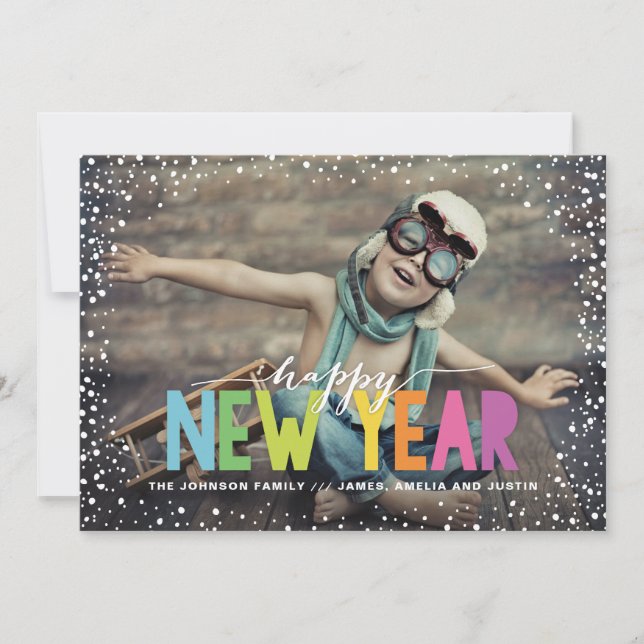 Snowfall Colourful Happy New Year Photo Holiday Card (Front)