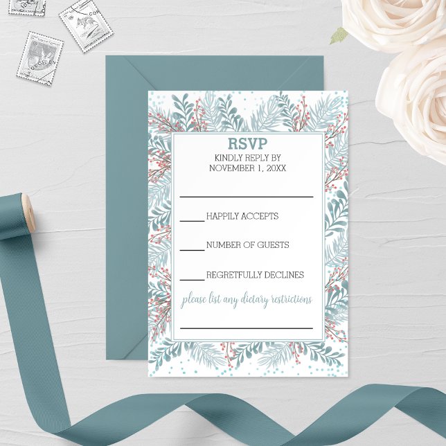 Snowfall Ferns Winter Wedding RSVP Card (Creator Uploaded)