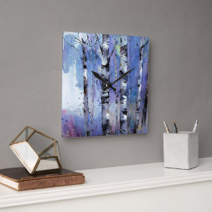 Snowfall in the Enchanted Birch Square Wall Clock