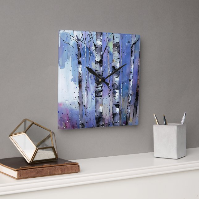 Snowfall in the Enchanted Birch      Square Wall Clock (Office)