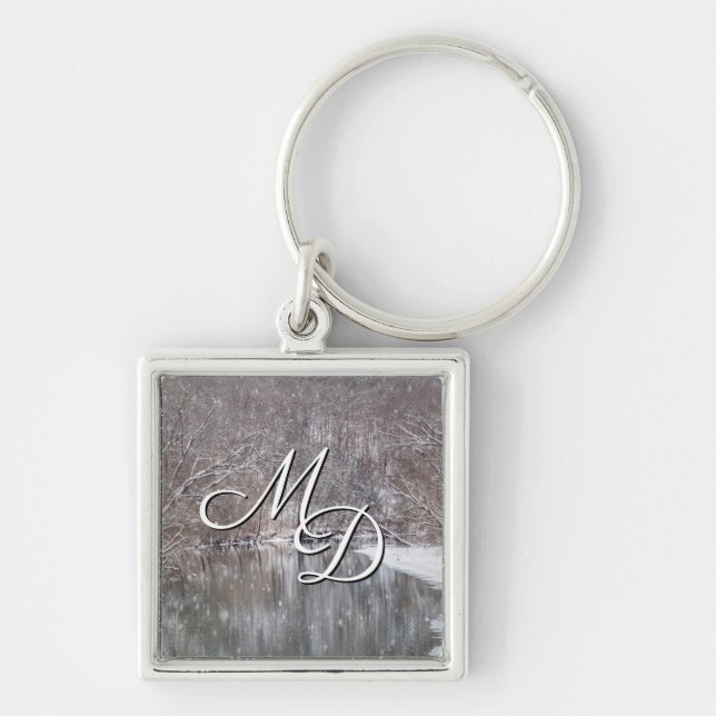 Snowfall Over Finely River Custom Square Keychain (Front)