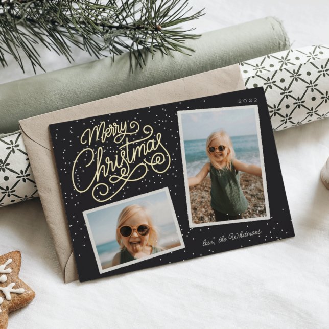 Snowfall Script 2 Photo Snapshot Foil Holiday Card (Creator Uploaded)