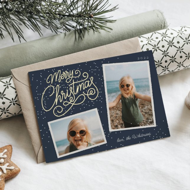Snowfall Script 2 Photo Snapshot Foil Holiday Card (Creator Uploaded)