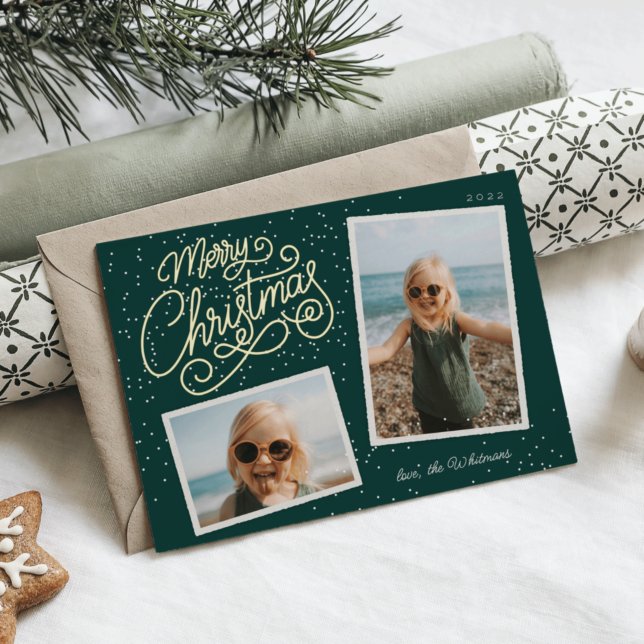 Snowfall Script 2 Photo Snapshot Foil Holiday Card (Creator Uploaded)