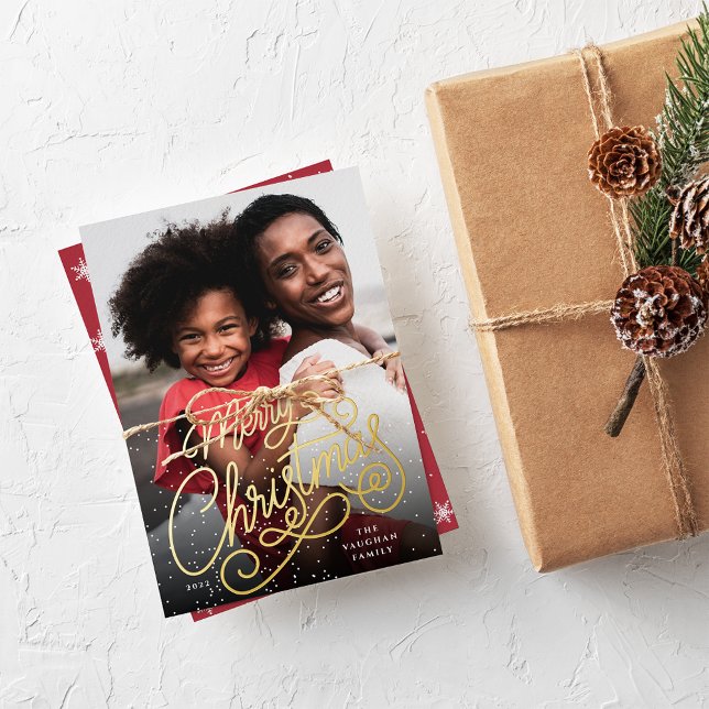 Snowfall Script Christmas Photo Foil Holiday Card (Creator Uploaded)