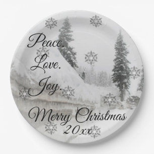 Snowfall Snowflakes Christmas black white sketch Paper Plate