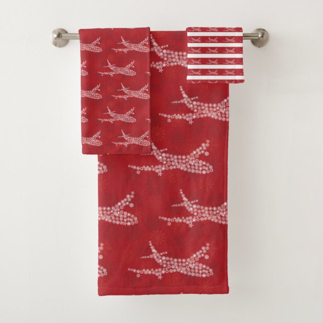 Snowflake Aeroplane on red. Bath Towel Set (Insitu)