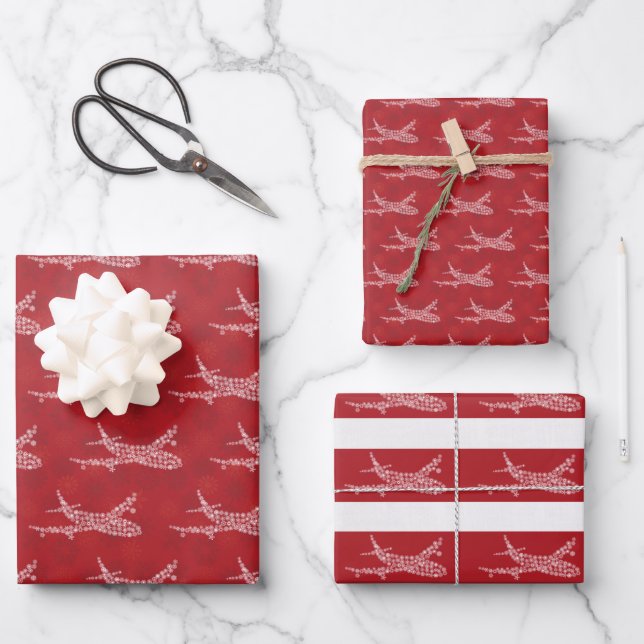 Snowflake Aeroplane on red. Wrapping Paper Sheets (Front)