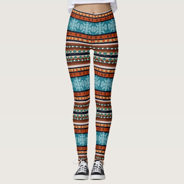 Snowflake and Geometric pattern Cosy  Leggings (Front)