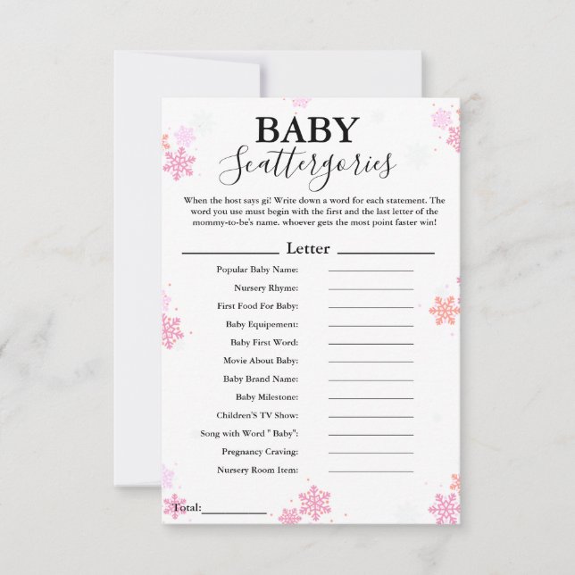 Snowflake baby scattergories baby shower game (Front)