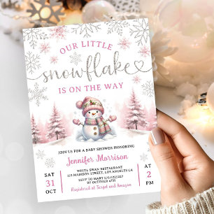 Snowflake Baby Shower Girl Pink Silver Invitation