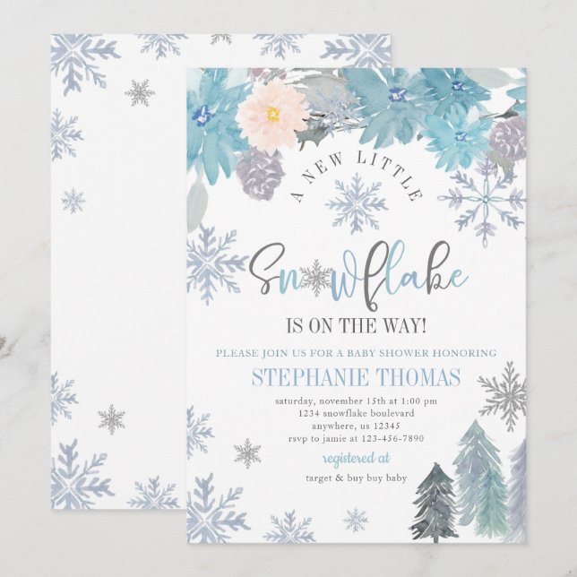 Snowflake Baby Shower Invitation Floral Boy (Front/Back)
