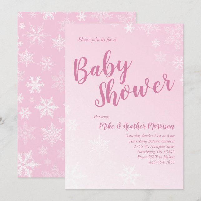 Snowflake Baby Shower Pink Girl Invitation (Front/Back)