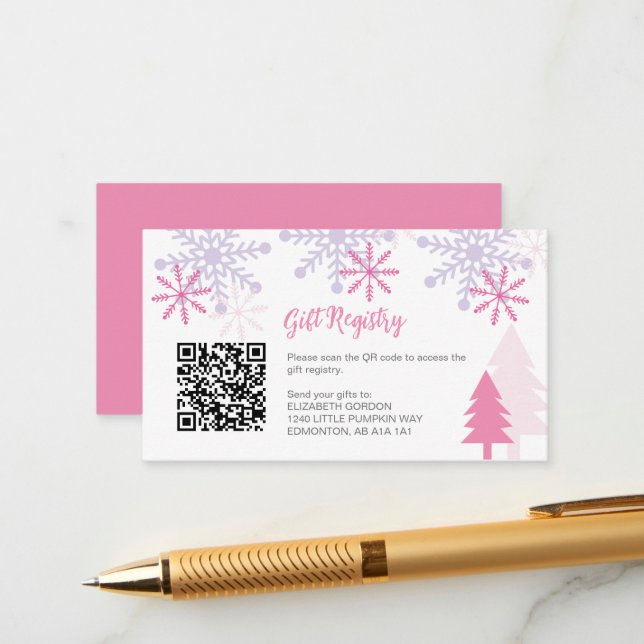 Snowflake Baby Shower Winter Gift Registry QR Code Enclosure Card (Front/Back In Situ)