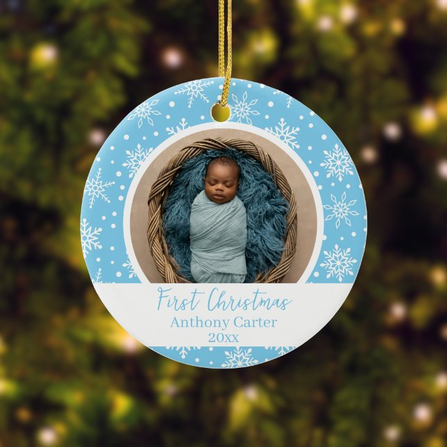 Snowflake Baby's First Christmas Ceramic Tree Decoration (Custom Snowflake Photo Ornament)