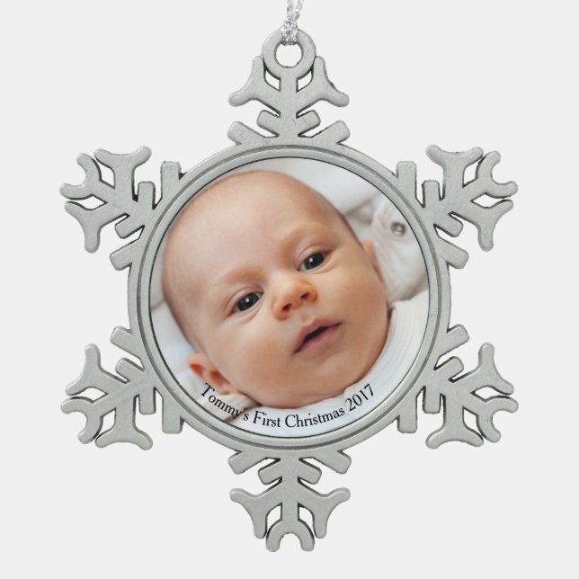 Snowflake Baby's First Christmas Photo Ornament (Front)