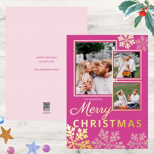 Snowflake Berry Bling 3 Photo Collage Gold Foil Holiday Card (Deep rich berry pink paired with real gold foil accents & faux glitter pink snowflakes = elegant fun)