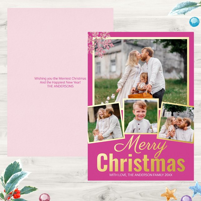 Snowflake Berry Bling 4 Photo Collage Gold Foil Holiday Card (These 4 photo Christmas cards with real gold foil printing is a great way to add elegance)