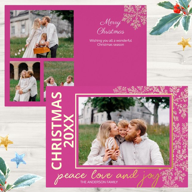 Snowflake Berry Bling 4 Photo Year Chic Gold Foil Holiday Card (One photo on the front and three on the back for a personalized 4 photo Christmas card)