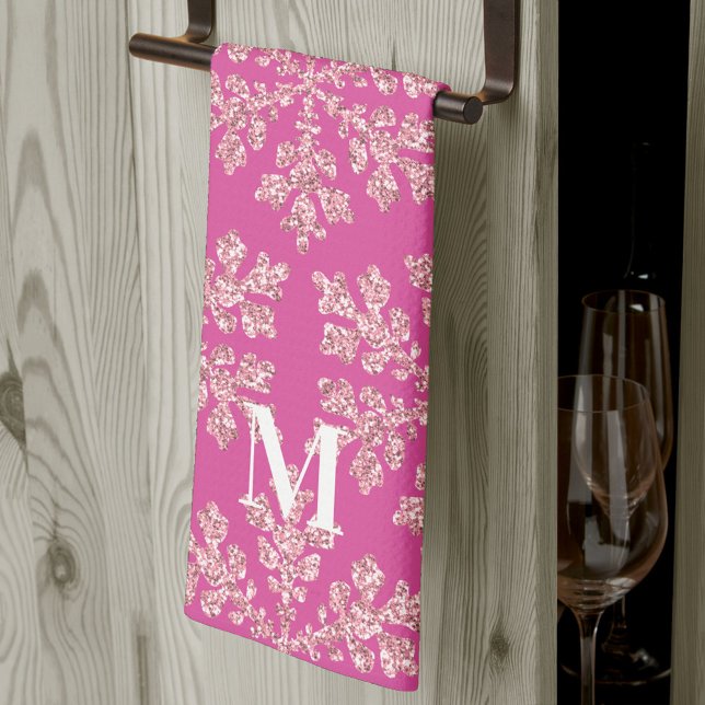 Snowflake Berry Bling Chic Monogram Christmas Tea Towel (Change (or remove) the monogram initial on these pink snowflake kitchen towels & create custom gifts)