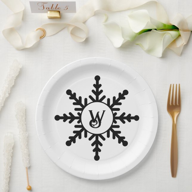 Snowflake Black and White Monogrammed Christmas Pa Paper Plate (Wedding)