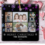 Snowflake Black Christmas Family 6 Photo Collage Ceramic Ornament<br><div class="desc">Modern Snowflake Black Purple Christmas Family 6 Photo Collage Ornament. Cute modern Christmas design with a snowflake pattern on black,  6 photos,  Merry Christmas wish,  family name and year. Add 6 favourite photos and customise the text. Sweet Christmas keepsake or gift for your family and friends.</div>