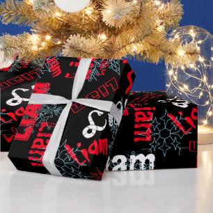 Snowflake Black Gift Wrap Name Changing Red, white