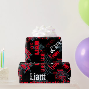 Snowflake Black Gift Wrap Name Changing Red, white