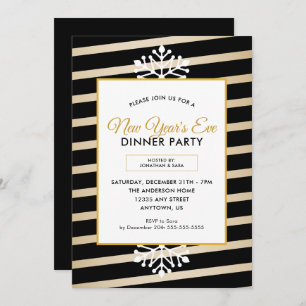 Snowflake   Black Stripes New Year's Eve Party Invitation