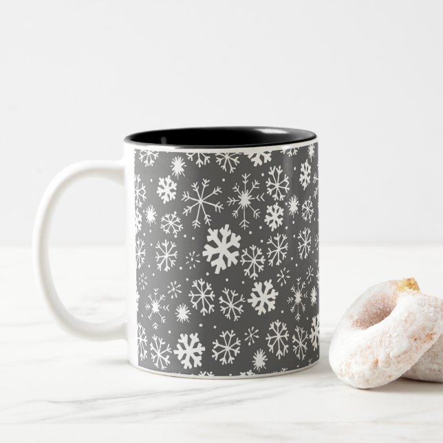 Snowflake Blizzard With Silver Grey  Background Two-Tone Coffee Mug (With Donut)