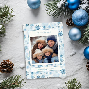 Snowflake Blue and White Watercolor Family Photo Holiday Card