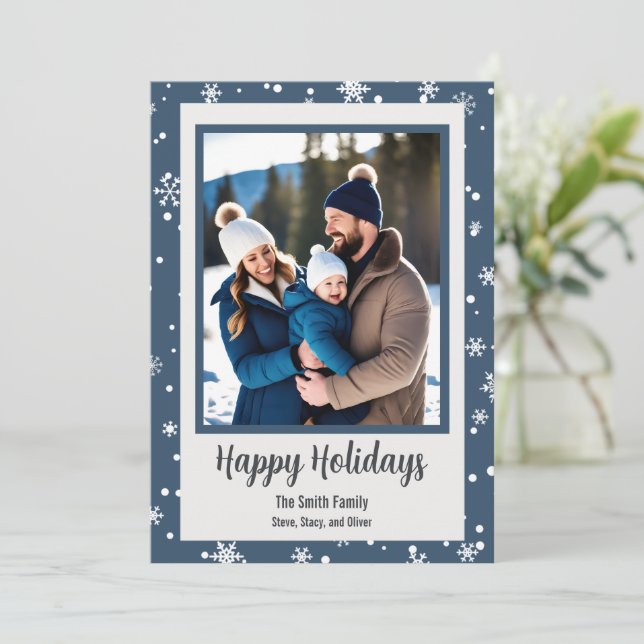 Snowflake Blue Custom Photo Holiday Card (Standing Front)