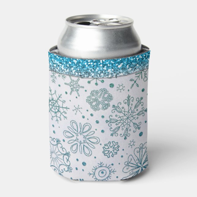 Snowflake Blue Glitter Pattern Can Cooler (Can Front)