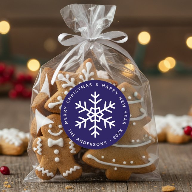 Snowflake Blue Merry Christmas & Happy New Year  Classic Round Sticker (Creator Uploaded)