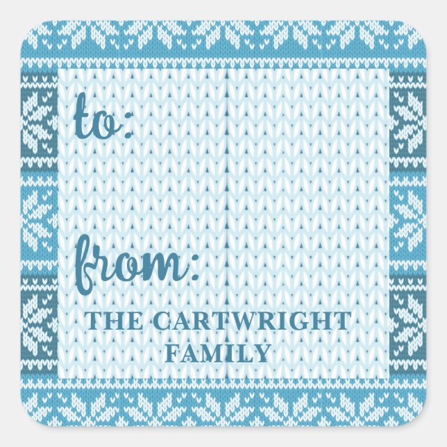 Snowflake Blue Nordic Sweater Christmas TO FROM Square Sticker (Front)