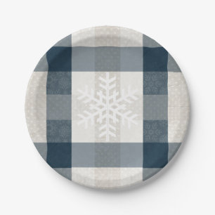 Snowflake Blue Plaid Winter Holiday Christmas  Paper Plate