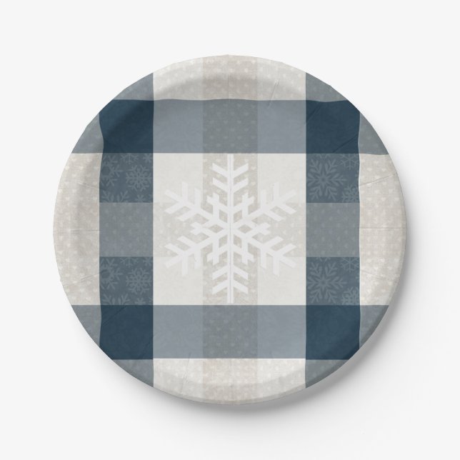 Snowflake Blue Plaid Winter Holiday Christmas  Paper Plate (Front)